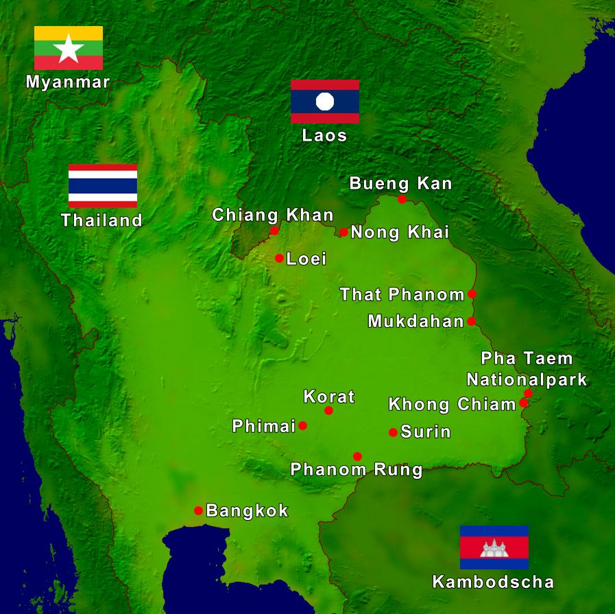 Reiseverlauf der Isaan Rundreise auf einer Karte eingezeichnet.
