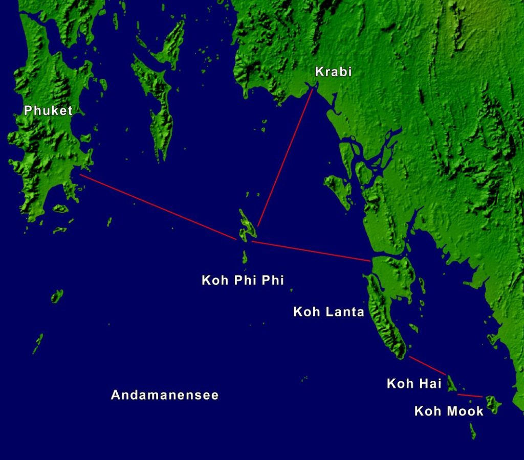 Inselhopping Route in der Andamanensee auf einer Karte eingezeichnet.
