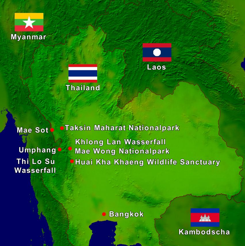 Reiseverlauf unserer Abenteuerreise in Thailand auf einer Karte eingezeichnet.