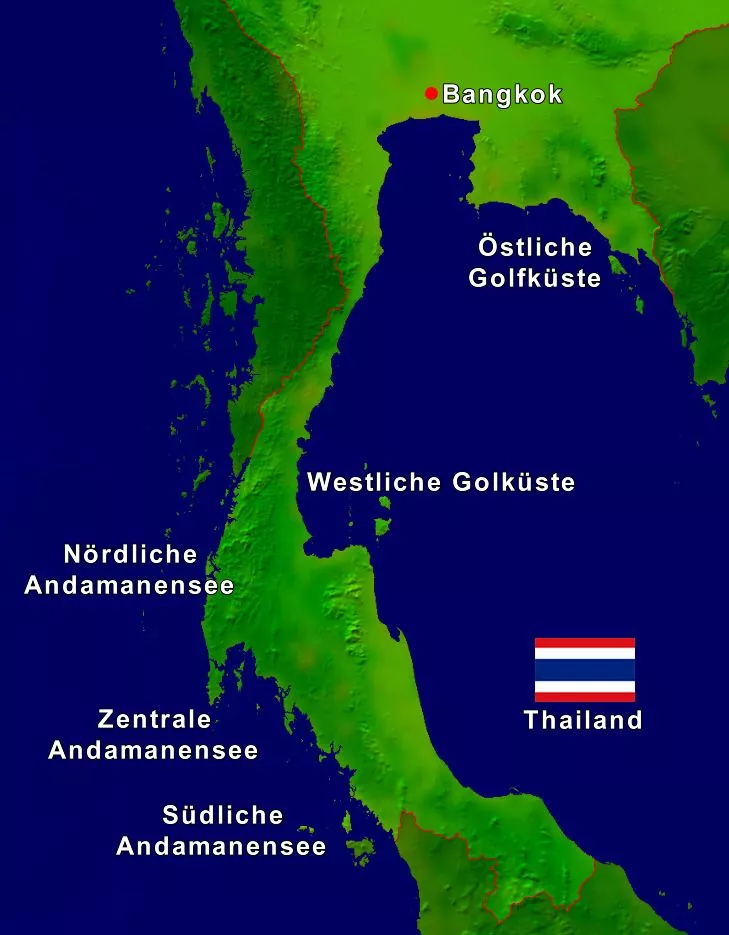 Inselhopping in Thailand nach Regionen auf einer Karte eingezeichnet.