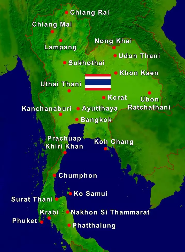 Tipps für Reiseziele auf einer Karte eingezeichnet, die man auf einer Rundreise in Thailand nicht verpassen sollte.