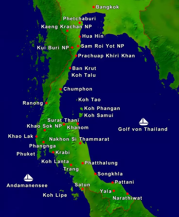 Reiseziele für Ihre individuelle Südthailand Rundreise auf einer Karte eingezeichnet.