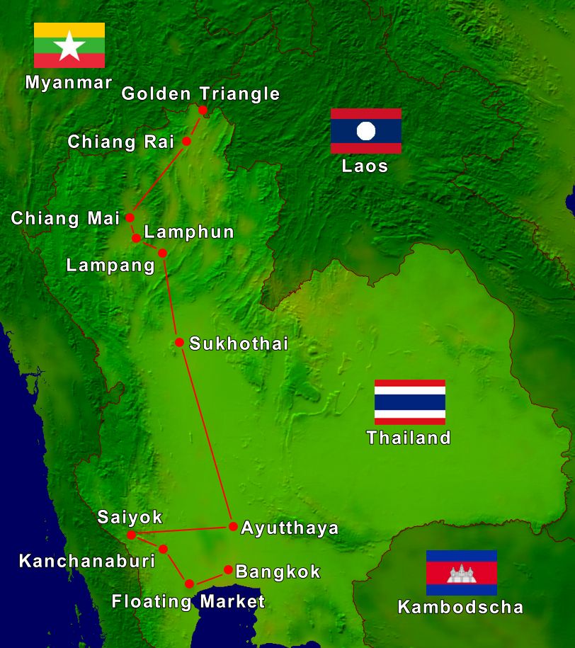 Reiseverlauf der Rundreise ab Bangkok in den Norden.
