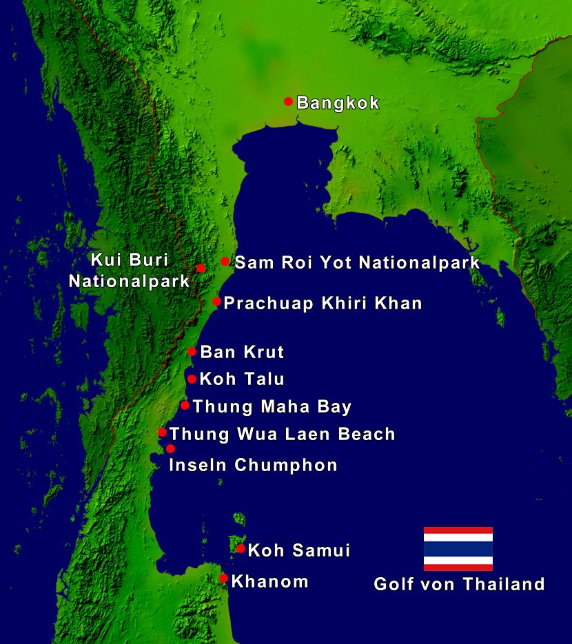 Erlebnisreise in Thailand von Bangkok Richtung Süden auf einer Karte eingezeichnet.
