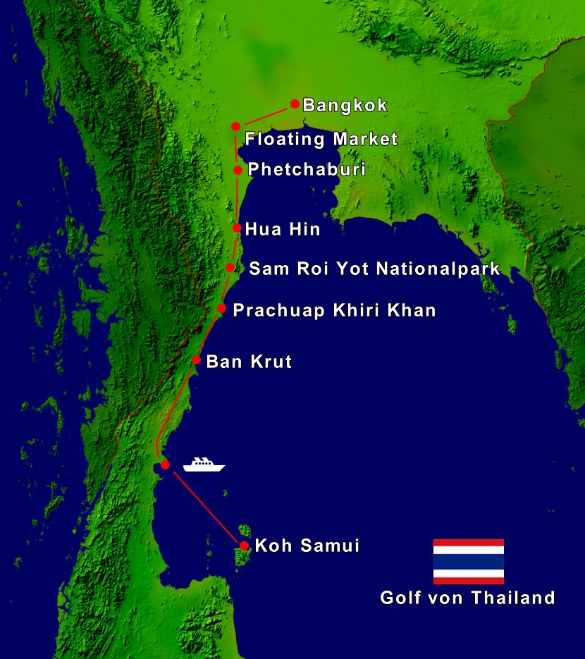 Thailand Kombireise von Bangkok nach Koh Samui auf einer Karte eingezeichnet.