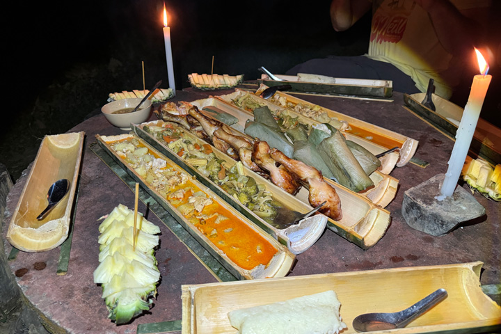 Bambus BBQ im Dschungel des Khao Sok Nationalparks, mit gedecktem Tisch voller Speisen wie Hühnchen, Masaman Curry, Gemüse und Reis.
