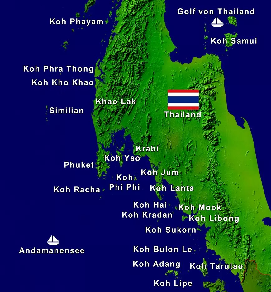 Inselhopping Routen in der Andamanensee in Thailand auf einer Karte eingezeichnet.