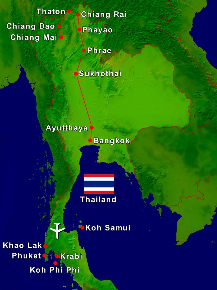Die Route unserer 2 Wochen Thailand Rundreise auf einer Karte eingezeichnet.