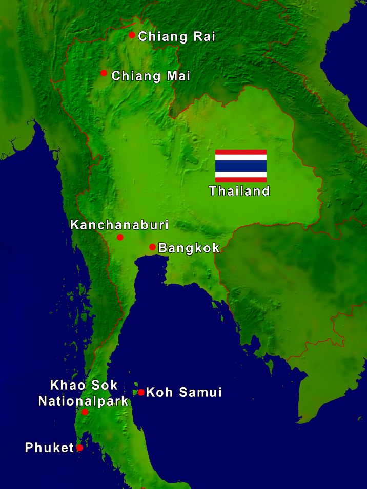 Unsere Thailand Rundreise 3 Wochen Route auf einer Karte eingezeichnet.